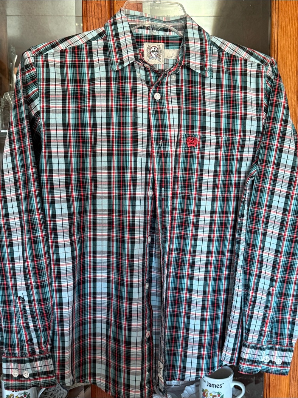 Cinch Girl’s Plaid Button-Down Shirt in Light Blue, Black, and Red Rodeo NWOT